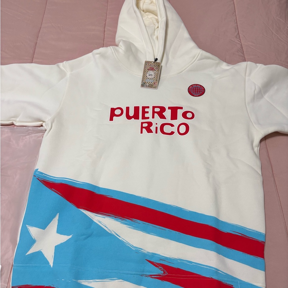 White Puerto Rico Graphic Hoodie with Red & Blue Flag Detail